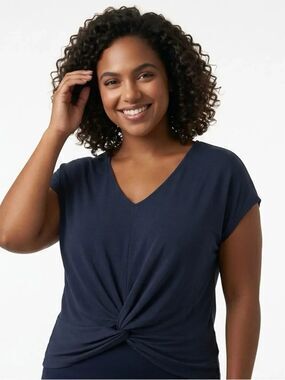 DOUBLE ZERO | Twist Front Short Sleeve Navy Blue Top V-Neck Women’s Size Medium